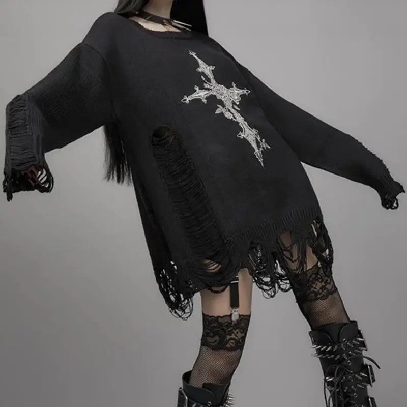 Gothic Distressed Cross Sweater