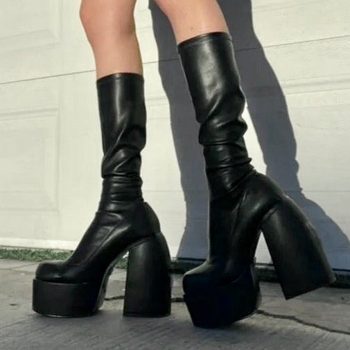 Faux Leather Chunky Heeled Boots
