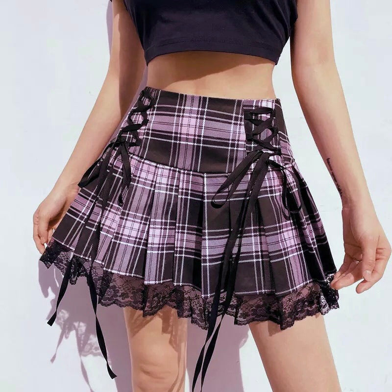 Punk Plaid Lace Up Mini Skirt