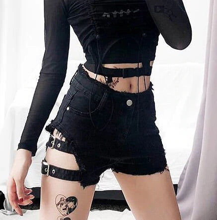 Buckle Strap Ripped Shorts