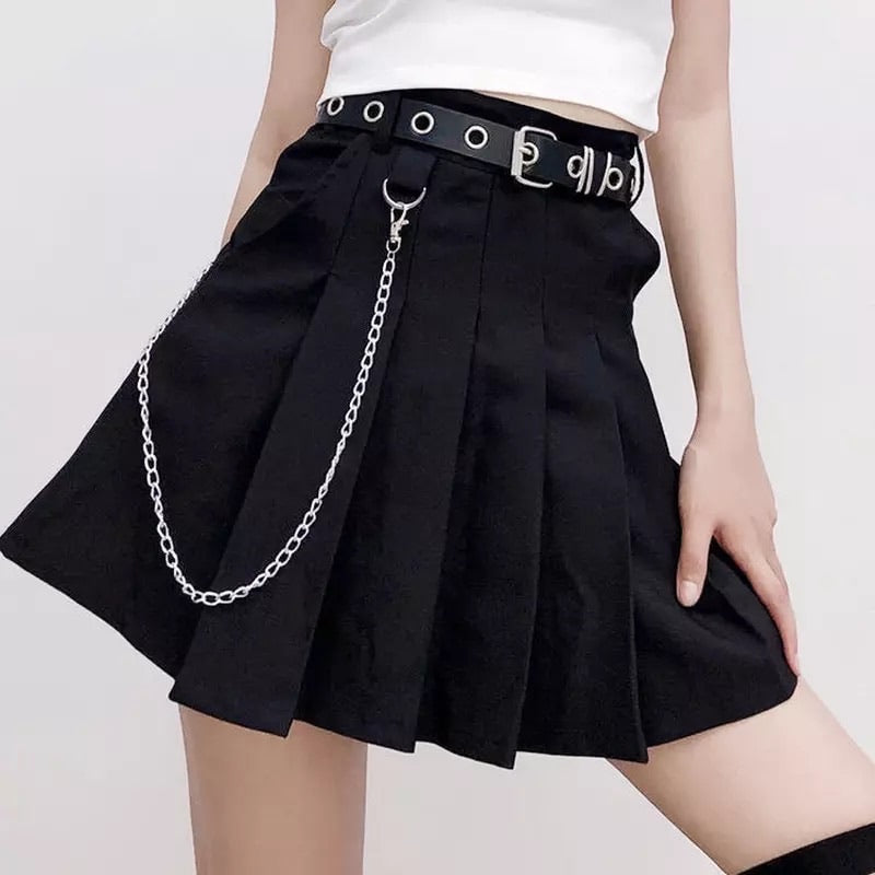 Black Belted Pleated Mini Skirt