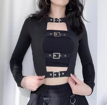 Load image into Gallery viewer, Black Buckle Cut Out Crop Top
